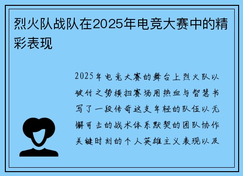 烈火队战队在2025年电竞大赛中的精彩表现