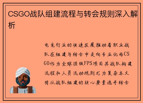 CSGO战队组建流程与转会规则深入解析