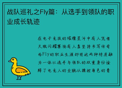 战队巡礼之Fly篇：从选手到领队的职业成长轨迹