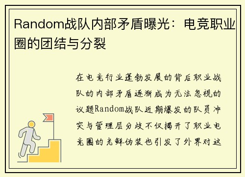 Random战队内部矛盾曝光：电竞职业圈的团结与分裂