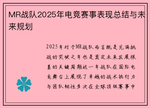 MR战队2025年电竞赛事表现总结与未来规划