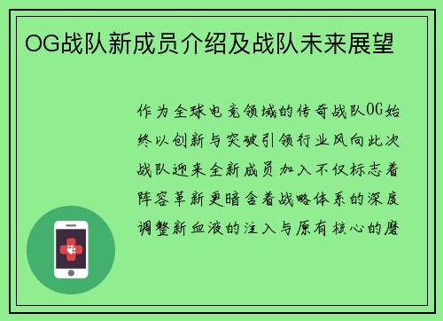 OG战队新成员介绍及战队未来展望