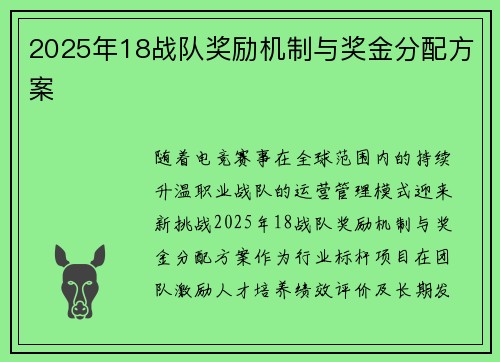 2025年18战队奖励机制与奖金分配方案